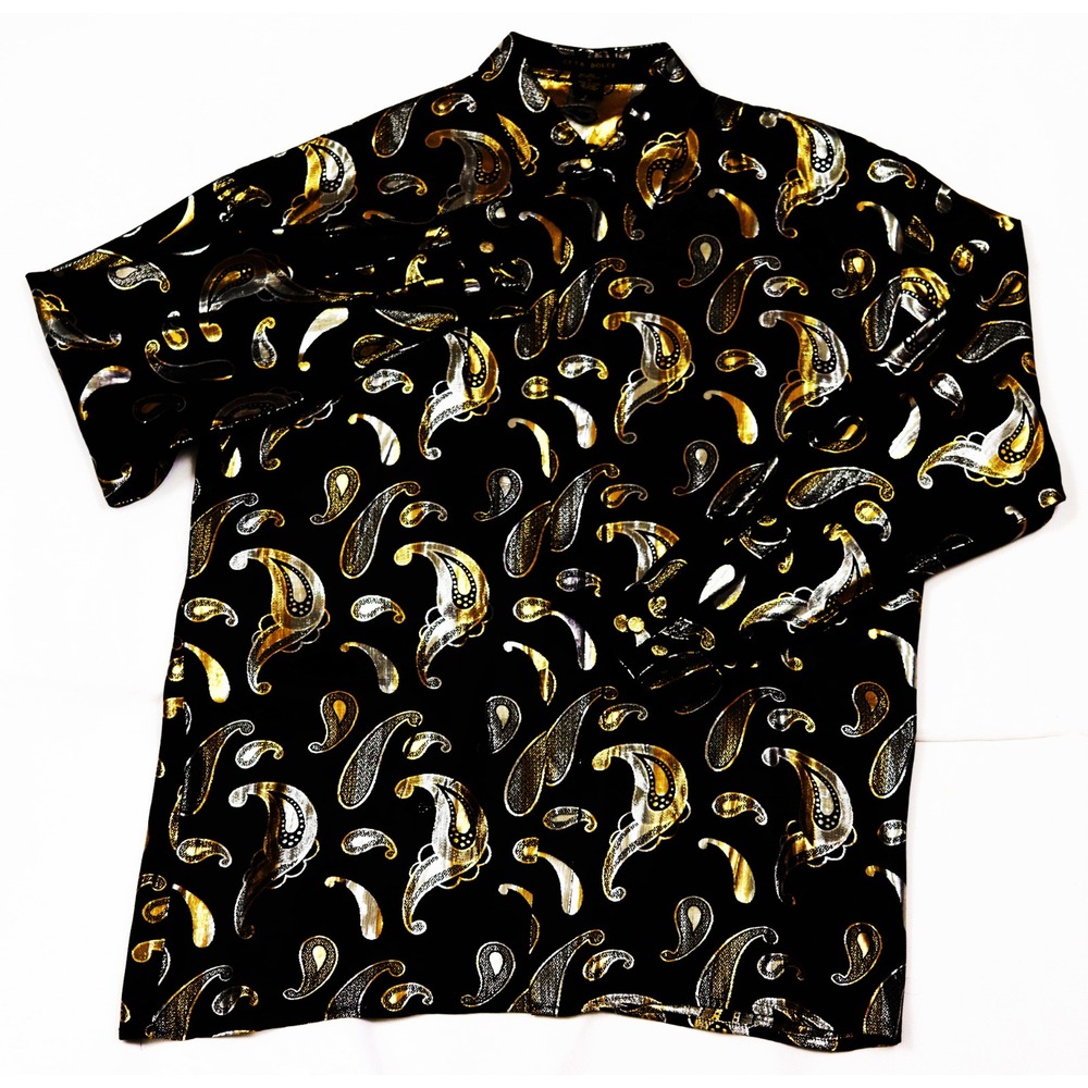 Ceta Dolce Mens Long Sleeve Silk Metallic Button Front Paisley Shirt Size Medium
